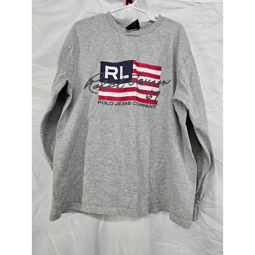 Polo Jeans Co Ralph Lauren Kids‎ Gray Long Sleeve Flag Graphic T-Shirt S 8/10
